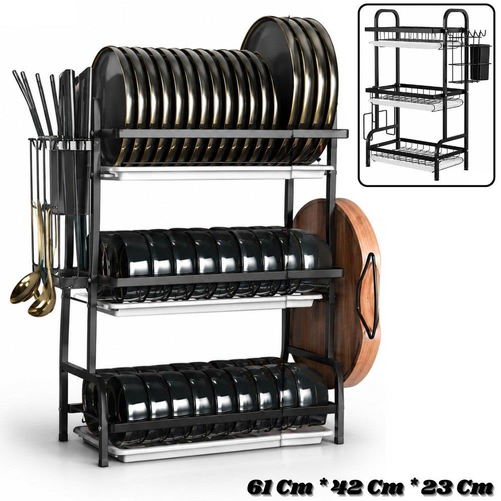 Escurridor de platos 3 niveles con platos, cubiertos y tabla de picar