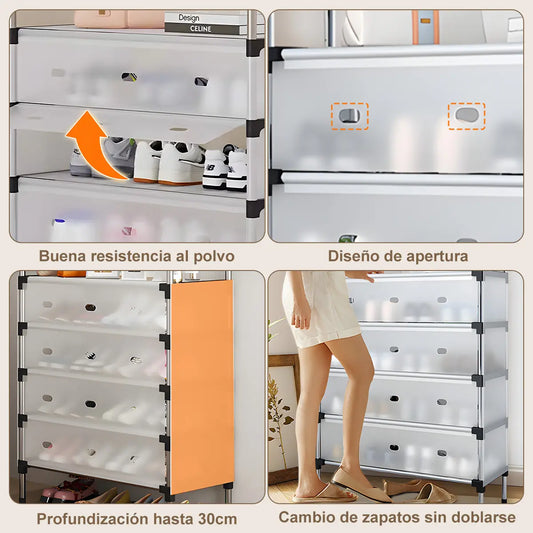 Organizador de zapatos - detalles: resistencia al polvo, apertura, profundidad, uso